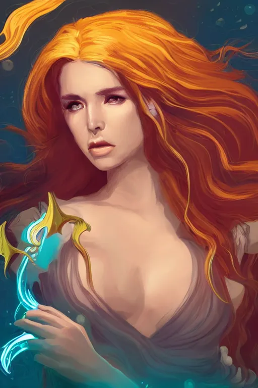 Prompt: Portrait of a siren that is a wizard casting a spell , wizard, medieval, sticker, colorful, casting epic spell, magic the gathering artwork, D&D, fantasy, artstation, heroic pose, illustration, highly detailed, simple, smooth and clean vector curves, no jagged lines, vector art, smooth