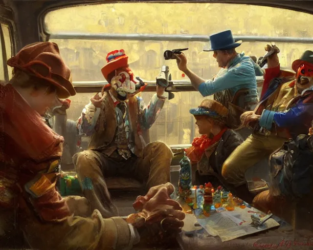 Prompt: clowns robbing inside a train using water guns, highly detailed painting by gaston bussiere, craig mullins, j. c. leyendecker 8 k