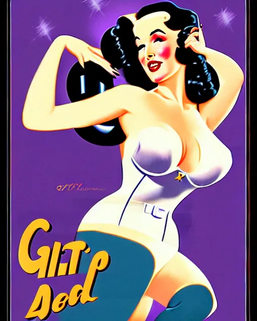 Image similar to a retro sci - fi pinup illustration of dita von teese in the style of alberto vargas and in the style of gil elvgren.