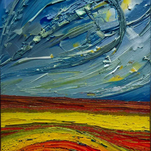 Image similar to oil paint impasto relief, beautiful evening view of an oilseed field, evening, multi layered thick brush marks, some splattered paint, in the style of ivan shishkin and frank auerbach and van gogh