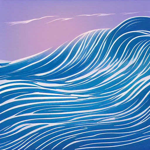 Prompt: waves crashing on the shore, shades of blue, by eyvind earle