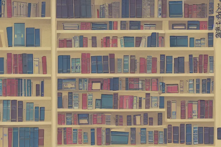 Prompt: a library is half gloomy and half warm, japanese animation style