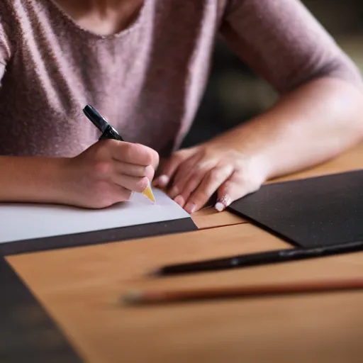 Image similar to a photo of a female trying to draw herself a new arm, 5 0 mm lens, f 1. 4, sharp focus, ethereal, emotionally evoking, head in focus, volumetric lighting, 8 k