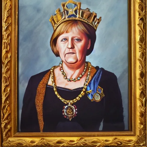 Prompt: Portrait of Merkel as king, antique painting, oil painting, aristocrat, crown