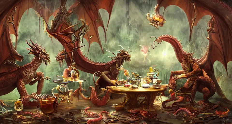 Image similar to A huge dragon having tea with his captive princess in his treasure-laden lair, digital art, detailed