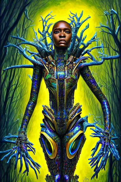 Image similar to hyperrealistic post-maximalist super expressive! black woman with exoskeleton armor, merging with tree in a forest, highly detailed digital art masterpiece smooth cam de leon hannah yata dramatic pearlescent blue yellow light ground angle hd 8k sharp focus