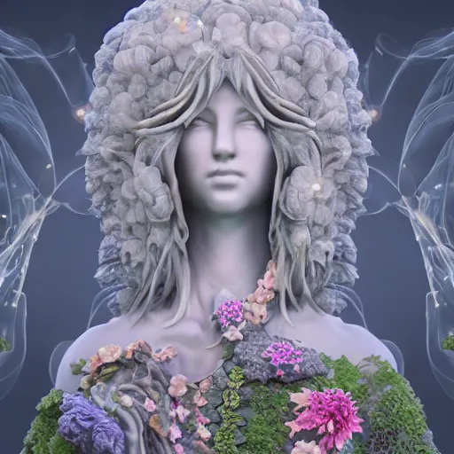 Image similar to an idealistic marble statue with sweeping clothes and with fractal flowery hair in a fractal garden, unreal engine, 8 k render, beautiful, full frame,