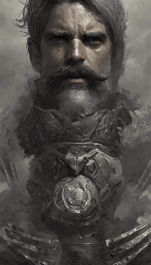 Image similar to Portrait of an old knight with a large moustache, male, detailed face, fantasy, highly detailed, cinematic lighting, digital art painting by greg rutkowski