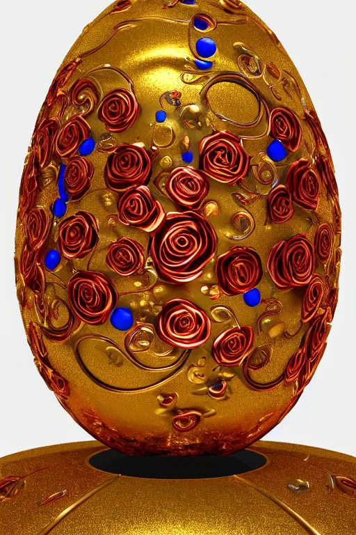 Image similar to a detailed glowing egg with swirls of red and blue emerging from the blossom of a metallic gold flower with tendrils of gold wrapping around the egg, a rose made out of silver and gold with an egg inside, fantasy concept art, unreal engine 5, volumetric lighting, trending on artstation