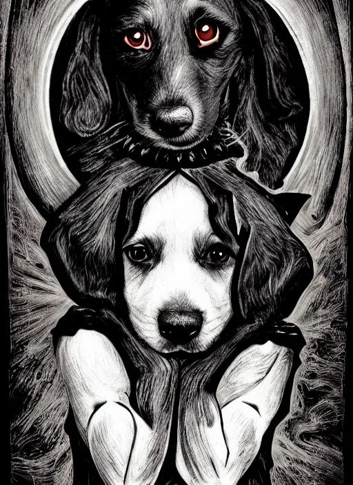 Image similar to the puppy, a character portrait by master of the legend of saint lucy, movie poster, pixabay contest winner, gothic art, grotesque, demonic photograph, macabre