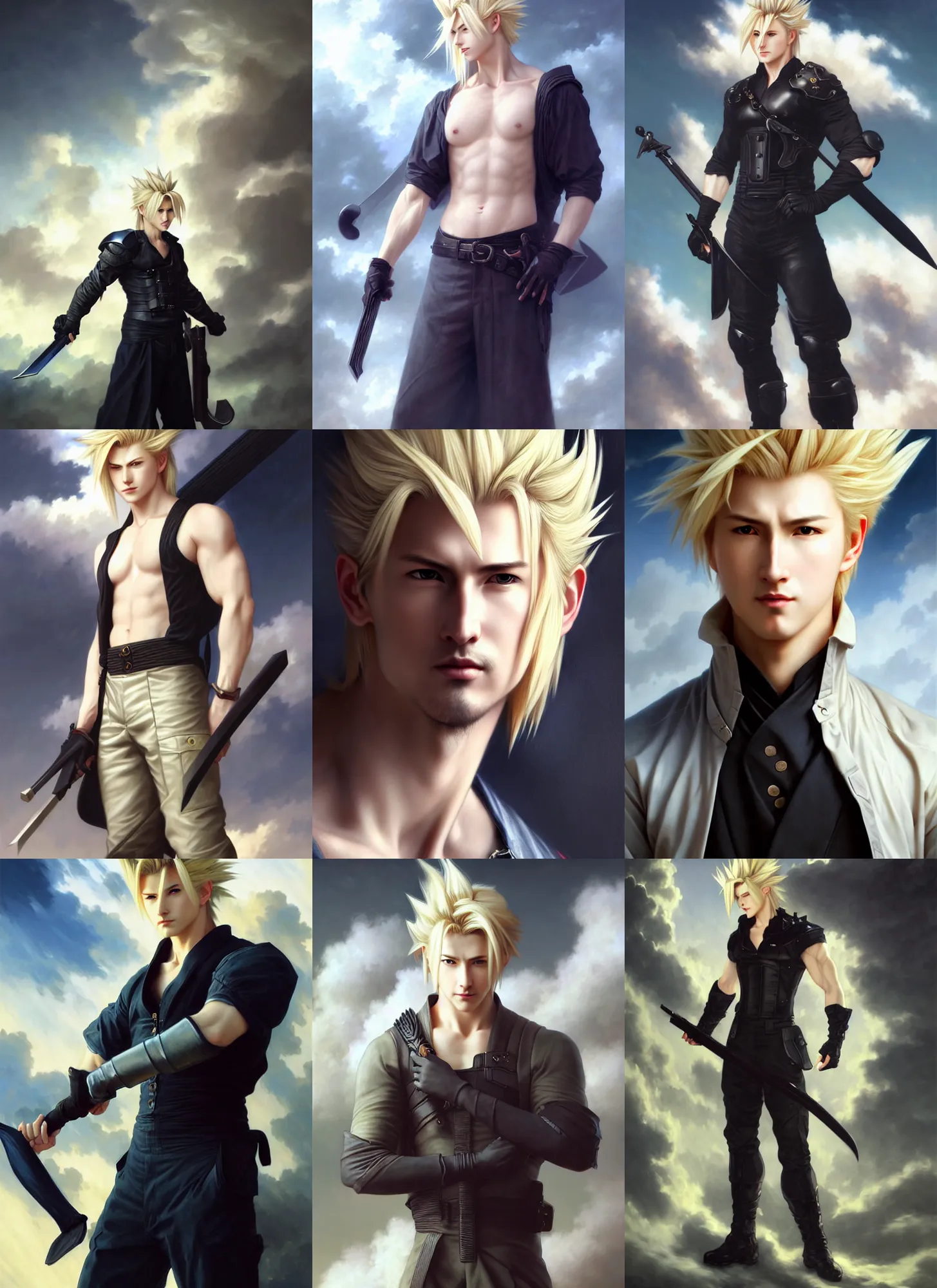 Prompt: masculine portrait of cloud strife, full length shot, shining, 8k highly detailed, sharp focus, illustration, art by wlop, art by bouguereau