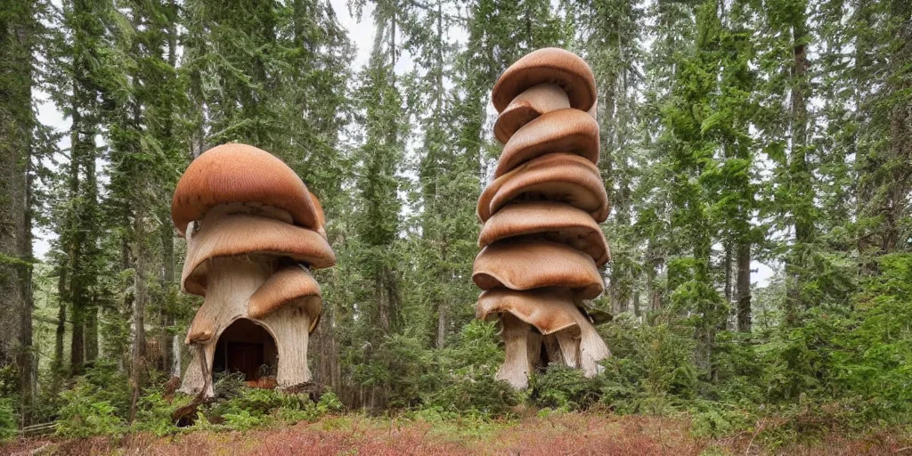 Prompt: large tower residence made from an enormous mushroom, washington state