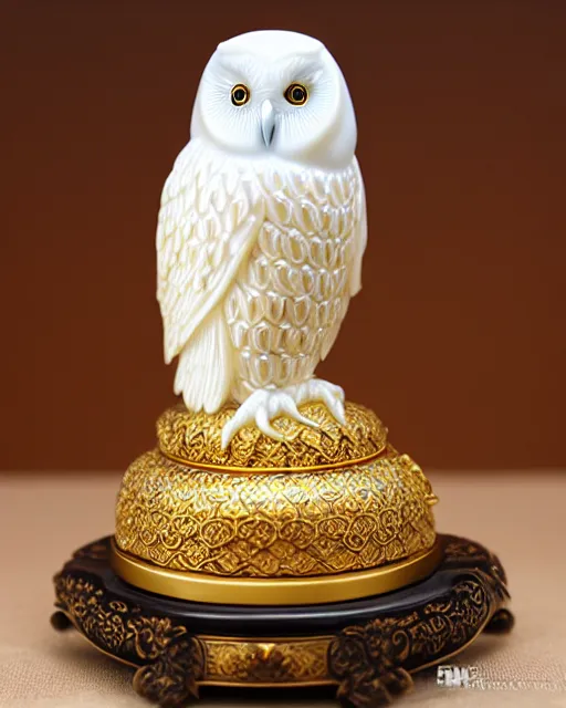 Image similar to gorgeous ornated snow white porcelain realistic detailed sacred owl statue with golden filigree carved out of ivory