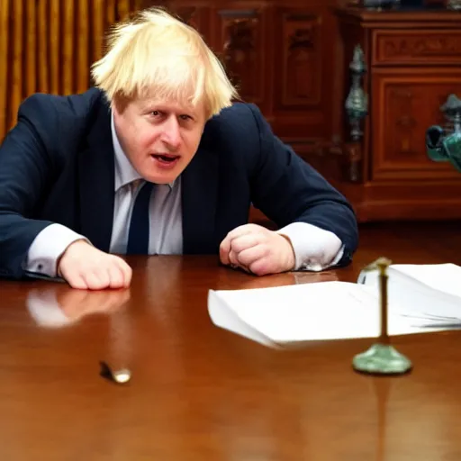 Image similar to boris johnson working in kremlin, reality, realistic, detailed, 8 k, award winning, wide shot,