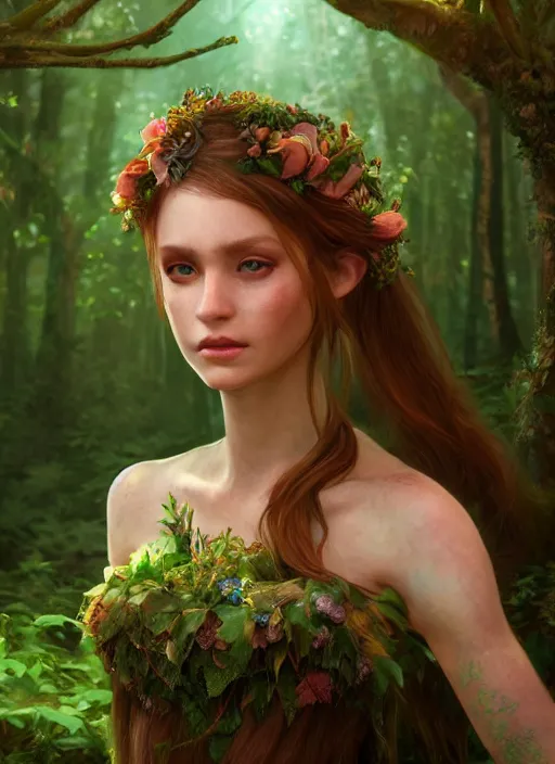 Image similar to portrait of a gorgeous fairy princess of the forest, 8k render, ultra realistic, cinematic lighting, artstation, Annie Leibovitz, artgerm