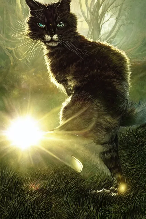 Image similar to a book cover for warrior cats by wayne mclouglin, depth of field, sun flare, hyper realistic, very detailed.