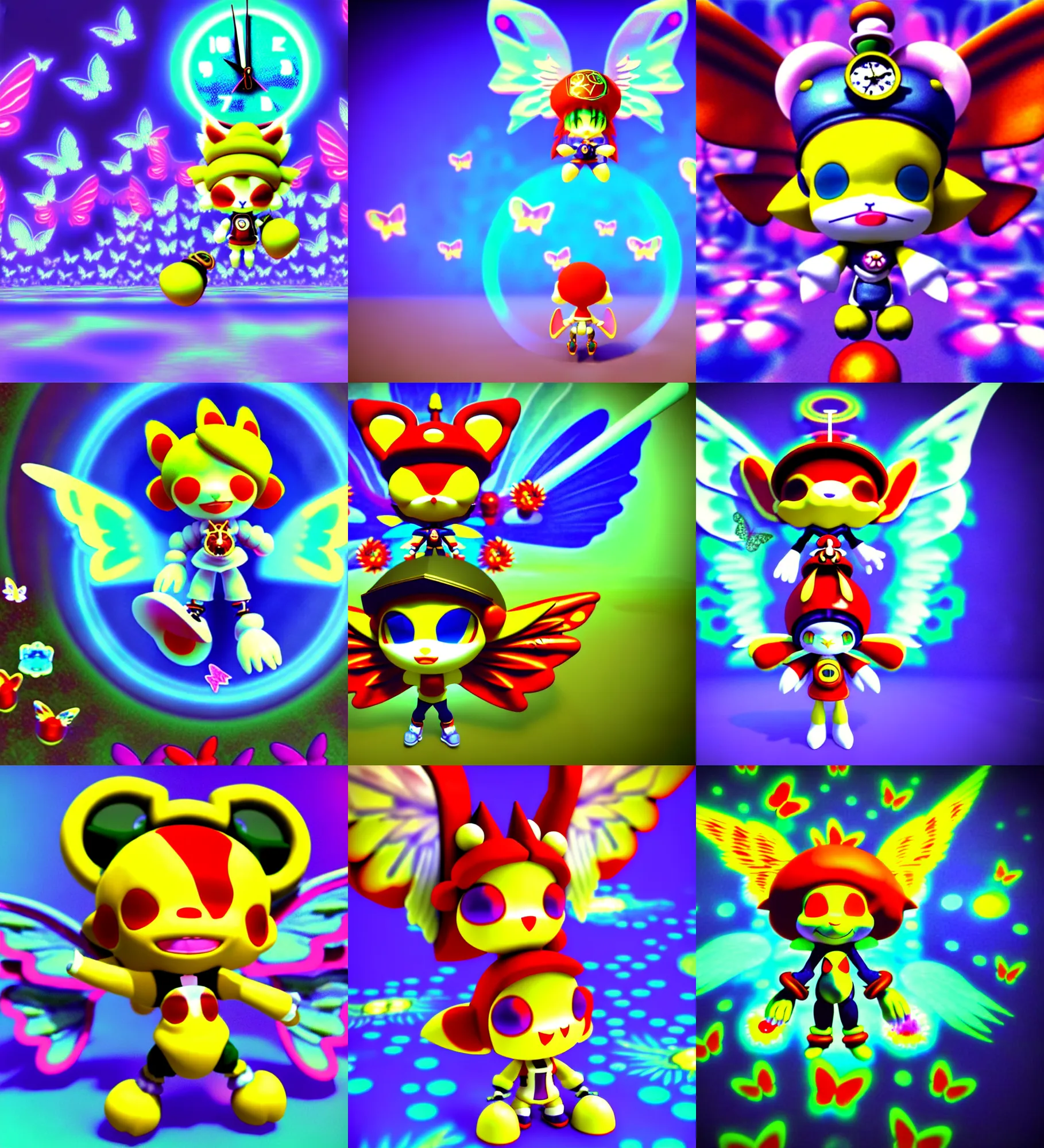Prompt: 3 d render of chibi clock cyborg klonoa demon with angel wings against a psychedelic surreal background with 3 d butterflies and 3 d flowers n the style of 1 9 9 0's cg graphics lsd dream emulator psx graphics 3 d rendered y 2 k aesthetic by ichiro tanida, 3 do magazine, wide shot