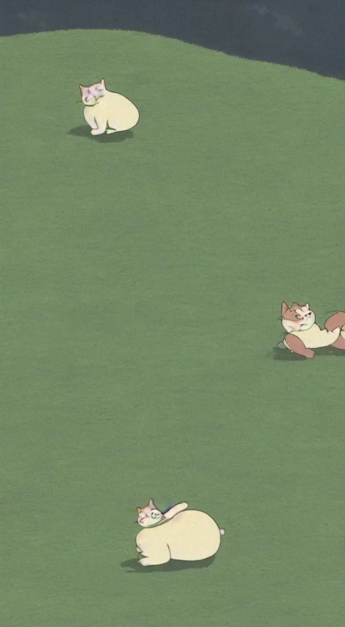 Prompt: fat cat rolling down a hill, screenshot from the film by studio ghibli