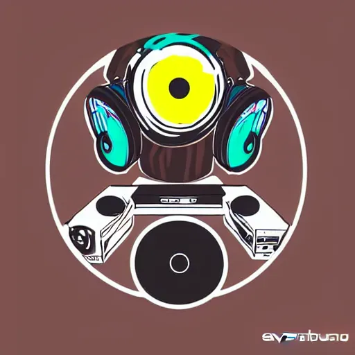 Image similar to svg sticker of a Dancing-Cleaveland-Brown, at a rave, spinning records, giant headphones rocking out, wearing headphones, huge speakers, dancing, rave, DJ, spinning records, digital art, amazing composition, rule-of-thirds, award-winning, trending on artstation, featured on deviantart