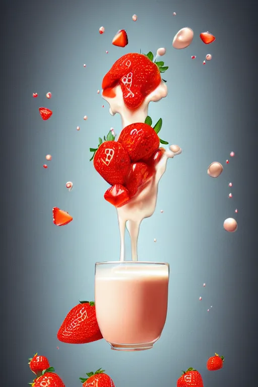 Prompt: a hyperdetailed exquisite delicate strawberry and floating milk fluid poster, milk is floating in the sky fight with strawberries, top milk brands, 4 k hd wallpaper illustration, package cover, golden curve composition