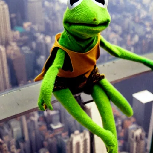 Image similar to kermit the frog scaling the empire state building like hong kong