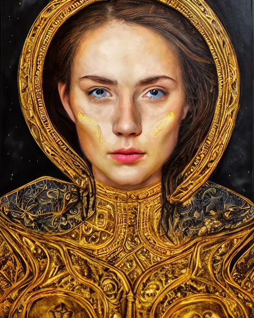 Image similar to encaustic painting portrait of woman in shining golden armor, high production value, intricate details, high resolution, hdr, high definition, masterpiece, realistic, ultrarealistic, highly detailed, hd, sharp focus, non blurry, sharp, smooth