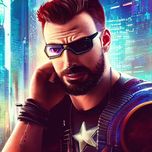 Image similar to chris evans portrait, cyberpunk 2 0 7 7, cyberpunk, photorealistic, ultra detailed, neon, octane, bokeh, cinematic lighting, cyber, cyberpunk city, studio quality, feature, scars, cyberface, 8 k