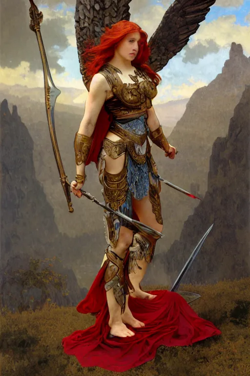 Prompt: full - body matte portrait of a red haired angelic valkyrie with huge silver wings in a heroic pose, wearing thick bronze plate armor at the top of a mountain, holding a spear made of lightning, art by albert bierstadt, alphonse mucha, andreas rocha, greg rutkowski, sharp edges. ultra clear detailed. 8 k. elegant. octane render