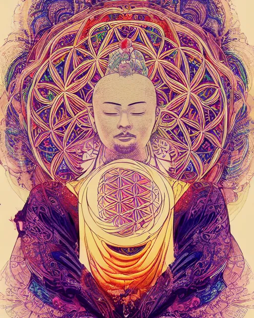 Prompt: flower of life contented peaceful open eyes smiling male bodhisattva, praying meditating, portrait, intricate, colorful, symmetrical, art by artgerm and wlop and james jean and carne griffiths, artstation 8 k uhd