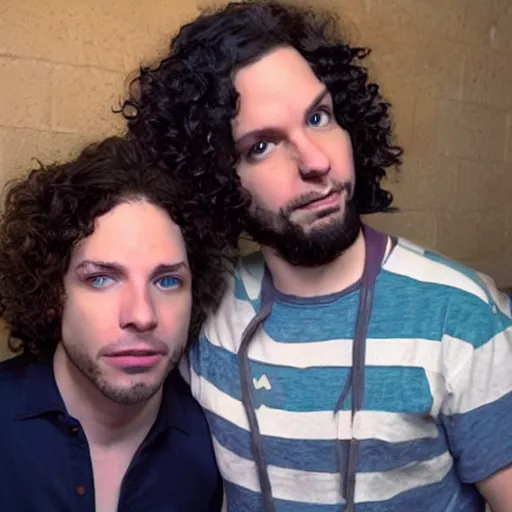 Image similar to a photo of dan avidan and arin hanson in the backrooms, hd, 4 k, soft vignette