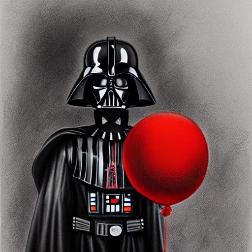 Prompt: surrealism grunge cartoon portrait sketch of darth vader with a wide smile and a red balloon by - michael karcz, loony toons style, pennywise style, horror theme, detailed, elegant, intricate
