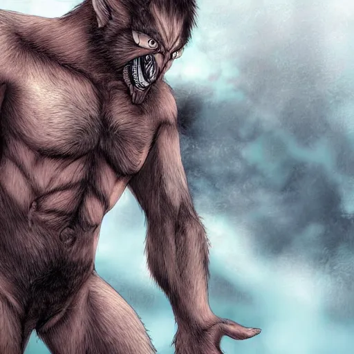 Prompt: anime scene of a male werewolf after transformation, award - winning digital art