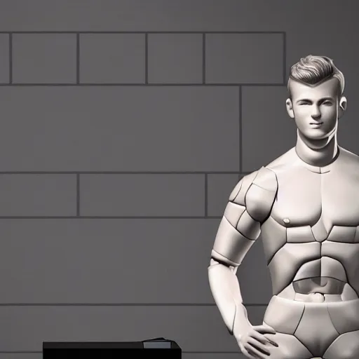 Image similar to a realistic detailed photo of a guy who is an attractive humanoid who is half robot and half humanoid, who is a male android, attractive and handsome soccer players, shiny skin, posing like a statue, blank stare, in a factory, on display, showing off his muscles, wearing soccer shorts, side view, looking at each other mindlessly