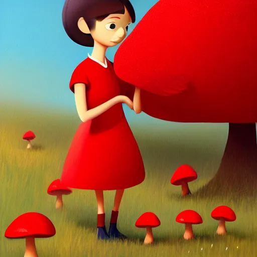 Image similar to goro fujita ilustration brunette girl in red dress picking mushrooms in the forest, painting by goro fujita, sharp focus, highly detailed, artstation