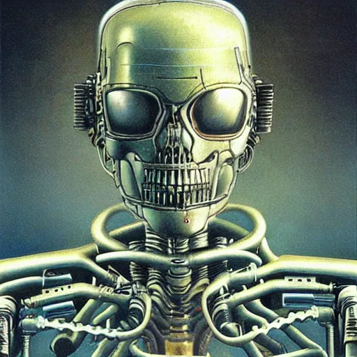 Prompt: terminator robot highly detailed beksinski and hr giger art style painting