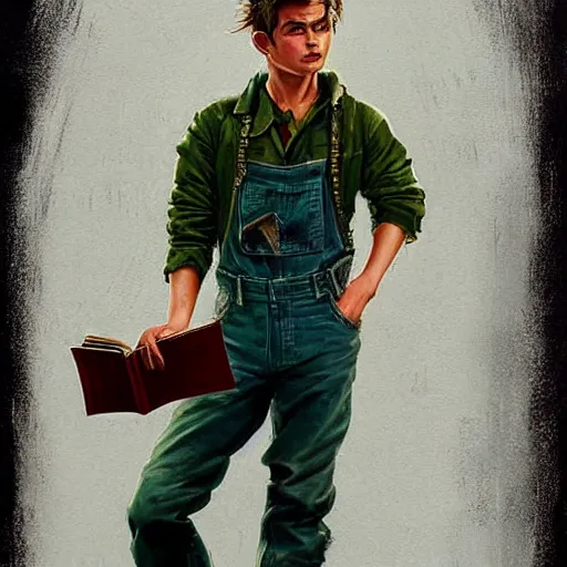 Image similar to a highly detailed epic cinematic concept art CG render digital painting artwork costume design: young James Dean as a well-kept neat anarchist rebel in 1950s USSR green dungarees and big boots, reading a book. By Greg Rutkowski, Ilya Kuvshinov, WLOP, Stanley Artgerm Lau, Ruan Jia and Fenghua Zhong, trending on ArtStation, subtle muted cinematic colors, made in Maya, Blender and Photoshop, octane render, excellent composition, cinematic atmosphere, dynamic dramatic cinematic lighting, aesthetic, very inspirational, arthouse