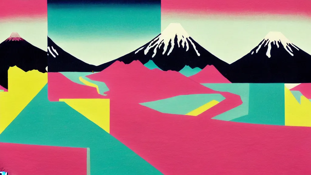 Image similar to japan tateyama mountain range toyama, a collage painting, in the style of wes anderson, lola dupre, david hockney, isolated on negative space background dark monochrome neon spraypaint accents volumetric octane render