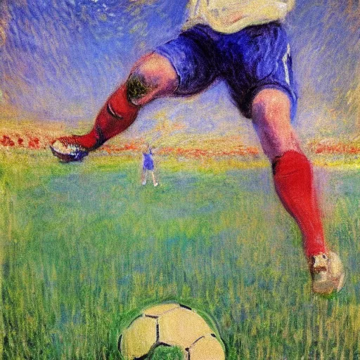 Prompt: monet painting of a skinny blonde man tripping over a soccer ball, highly detailed, realistic,