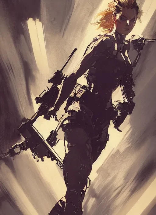 Image similar to Margot Robbie wearing metal gear armor holding gun dramatic lighting art by Richard Schmid by Hokusai by Yoji Shinkawa by greg rutkowski by Sandra Chevrier cinematic dramatic