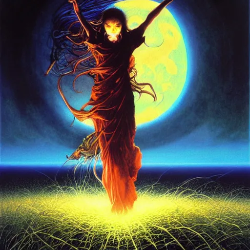 Prompt: the hands are reaching out from a sea of grass under a full golden moon, by Ayami Kojima, Amano, Karol Bak, Greg Hildebrandt, and Mark Brooks, Neo-Gothic, gothic, rich deep colors. Beksinski painting, part by Adrian Ghenie and Gerhard Richter. art by Takato Yamamoto. masterpiece,