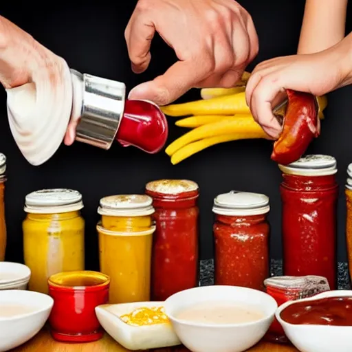 Image similar to people fighting over condiments, messy, condiment fight