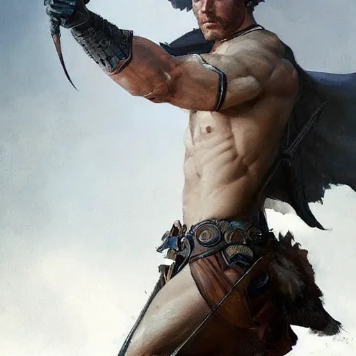 Image similar to Ranger marching toward the viewer, male, muscular, blue eyes!!!!, straight nose!!!, detailed face, exposed thighs!!!, fantasy, medieval, highly detailed, painting by greg rutkowski