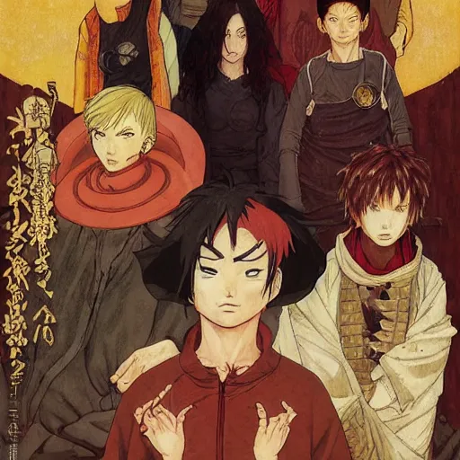 Prompt: Portrait of Gaara the Desert Shinobi wearing a Sand Crest norman rockwell uta natsume inio asano naoko takeuchi shotaro ishinomori katsuhiro otomo steve ellis tony szczudlo Ryan Gitter Ilya Repin