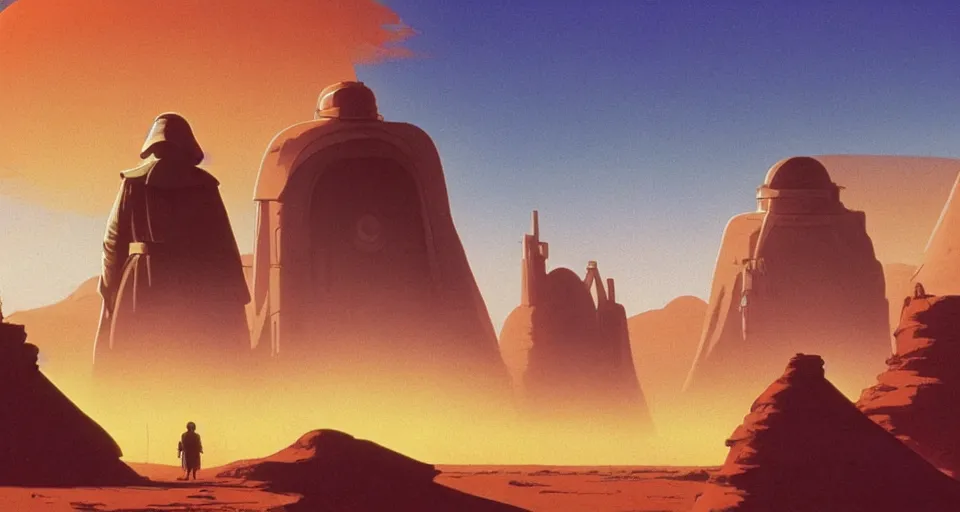 Prompt: beautiful wide shot tatooine landscape, obi wan kenobi, Luke skywalker, land-speeder, Star Wars a new hope 1977, studio ghibli, Miyazaki, Greg rutkowski, Jean girard, Moebius , animation, golden hour, highly detailed, hdr, vivid color, 70mm