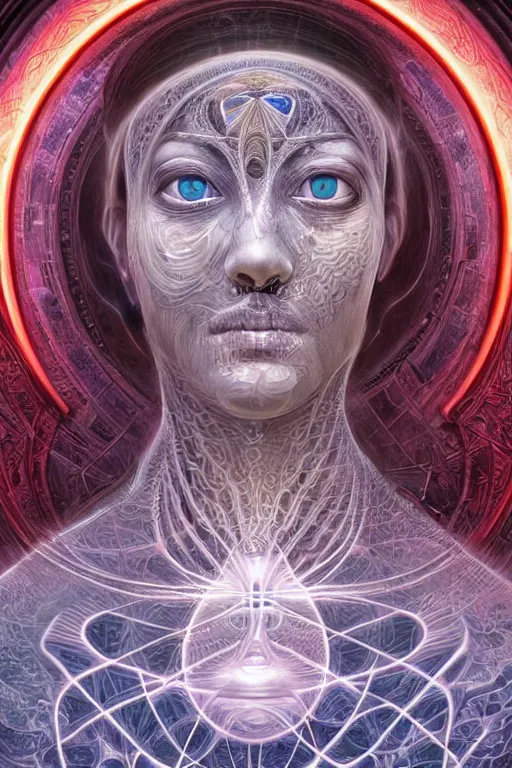 Prompt: cinematic portrait of an AI. Centered, uncut, unzoom, symmetry. charachter illustration. Dmt entity manifestation. Surreal render, ultra realistic, zenith view. Made by hakan hisim feat cameron gray and alex grey. Polished. Inspired by patricio clarey, heidi taillefer scifi painter glenn brown. Slightly Decorated with Sacred geometry and fractals. Extremely ornated. artstation, cgsociety, unreal engine, ray tracing, detailed illustration, hd, 4k, digital art, overdetailed art. Intricate omnious visionary concept art, shamanic arts ayahuasca trip illustration. Extremely psychedelic. Dslr, tiltshift, dof. 64megapixel. complementing colors. Remixed by lyzergium.art feat binx.ly and machine.delusions. zerg aesthetics. Trending on artstation, deviantart