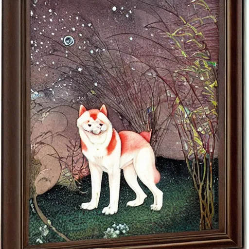 Prompt: red akita inu dog in a moonlit garden, by warwick goble and kay nielsen