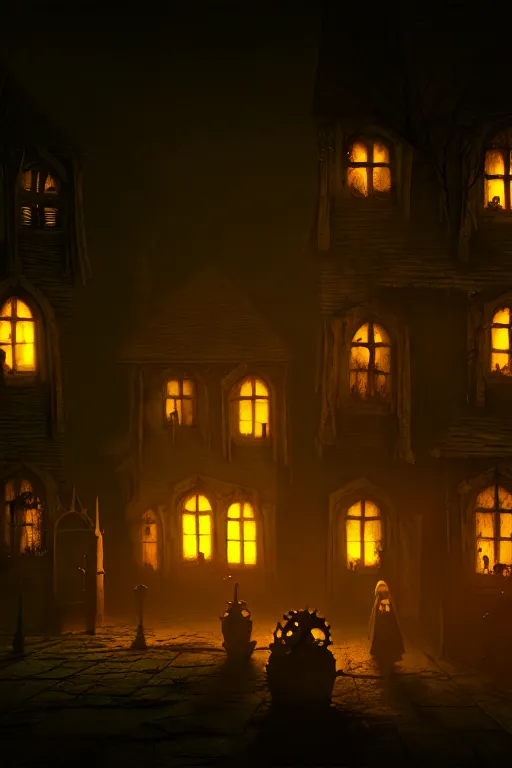 Prompt: a dark haunted village at night with glowing windows, shadows being casted, and silhouettes in the door way, hyper realistic, ambient lighting, concept art, intricate, hyper detailed, smooth, dynamic volumetric lighting, octane, raytrace, cinematic, high quality, high resolution, 4 k, artstation