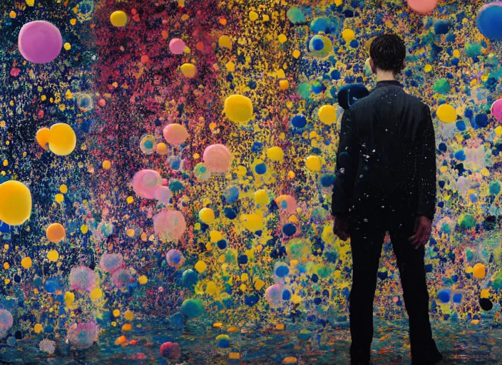 Prompt: portrait of a young violinist focusing, painted by vincent lefevre and hernan bas and pat steir and hilma af klint, psychological, symmetrical face, dripping paint, washy brush, background with hundreds of bubbles of memories by andreas gursky, rendered in octane, altermodern, masterpiece