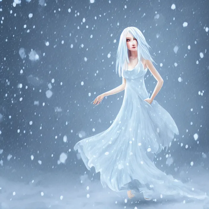 Image similar to full body portrait of a woman with pale blue hair wearing a long white dress made out of snowflake in the middle of a heavy snowstorm. she looks almost dead because of how pale she is. digital art by maromi sagi