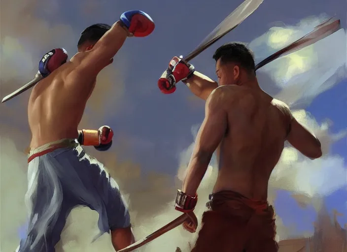 Prompt: greg manchess painting of a filipino mma fighter with a sword, organic painting, sunny day, matte painting, bold shapes, hard edges, street art, trending on artstation, by huang guangjian, gil elvgren, ruan jia, randy vargas, greg rutkowski